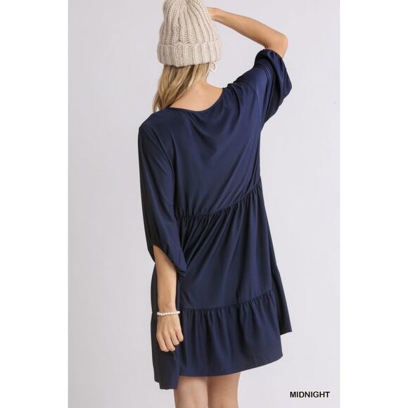 UMGEE Navy Floral Embroidered V-Neck Tiered Ruffle Boho Babydoll Dress Size S - Picture 4 of 10